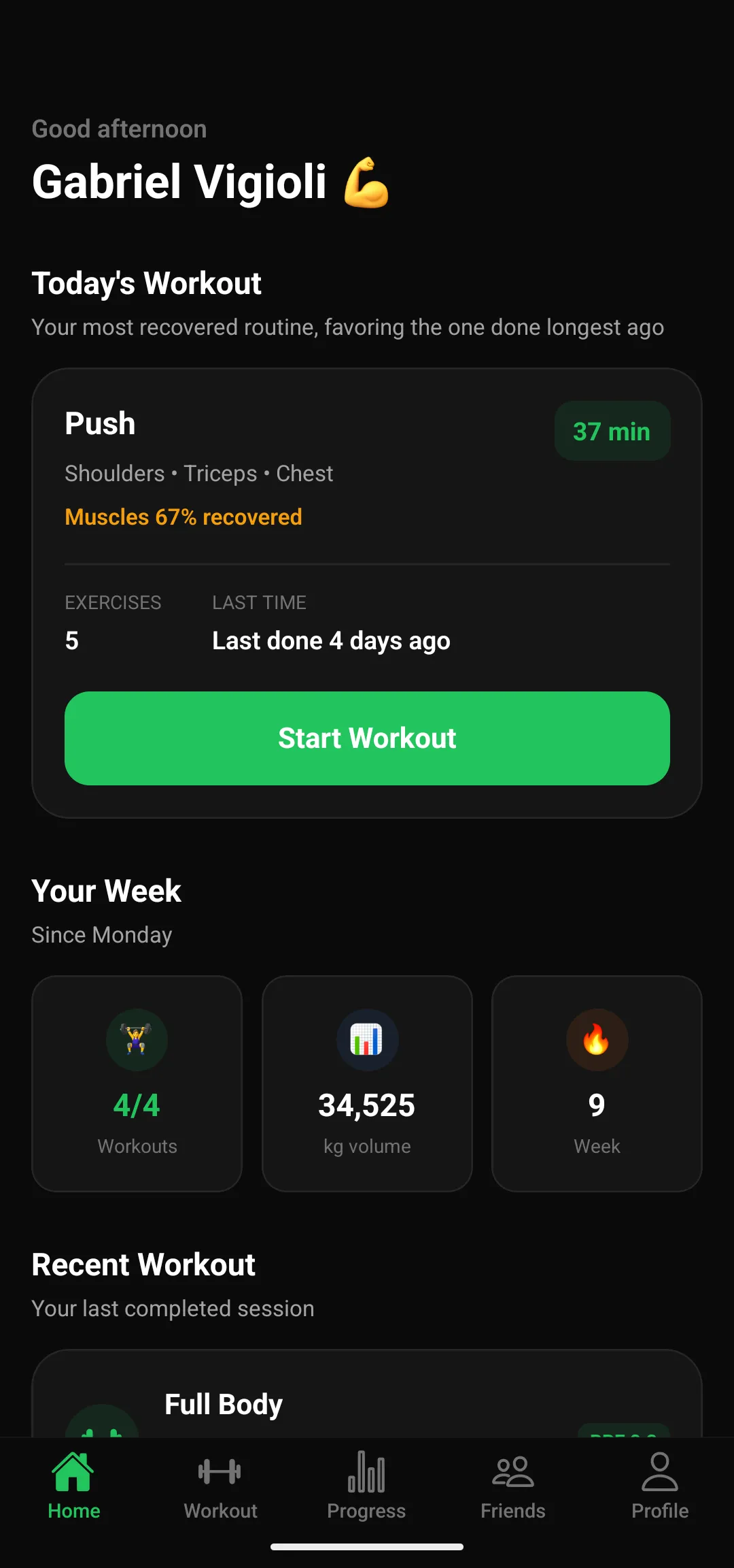 Gymmaxxing home screen with today's workout and the week summary