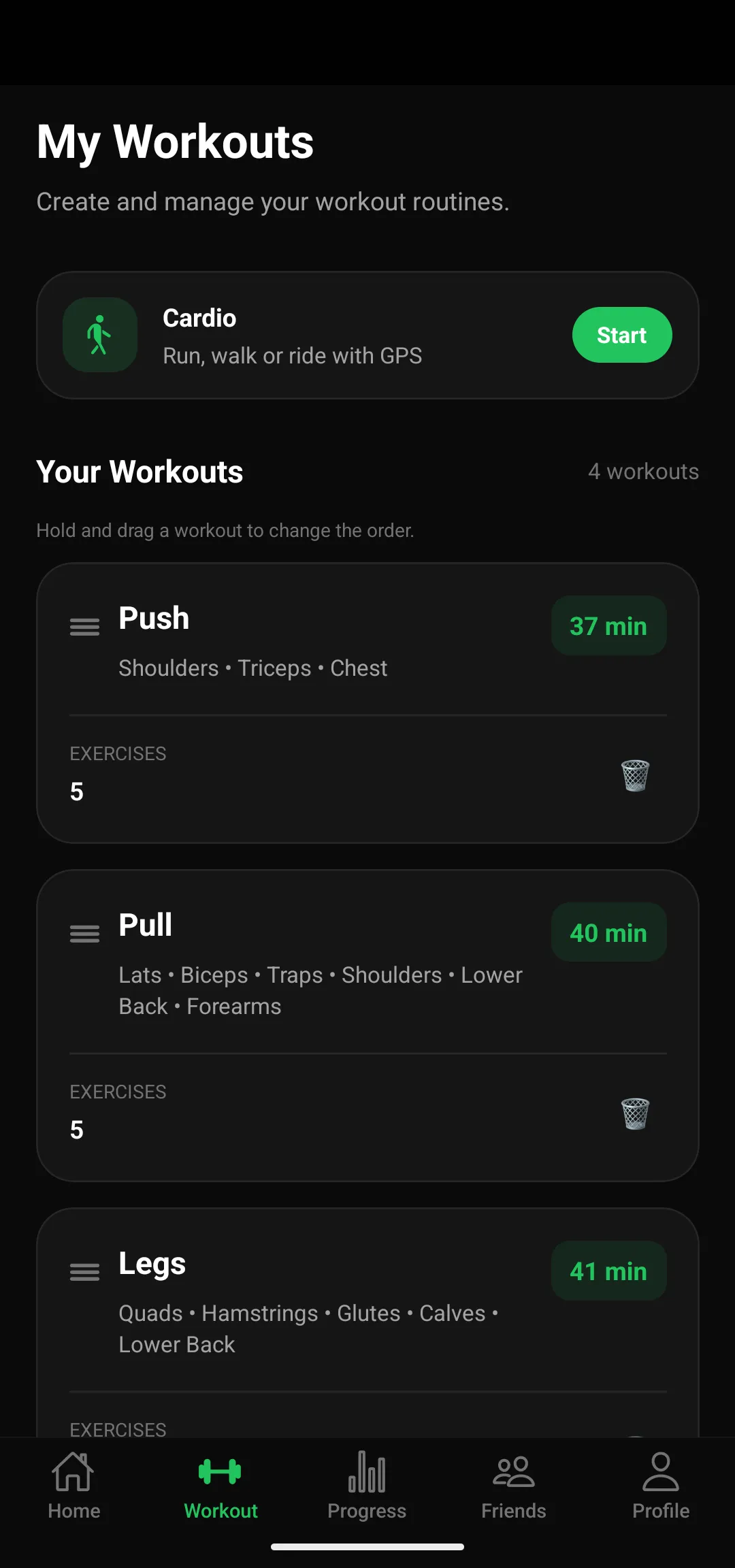 Workout list with Push, Pull and Legs