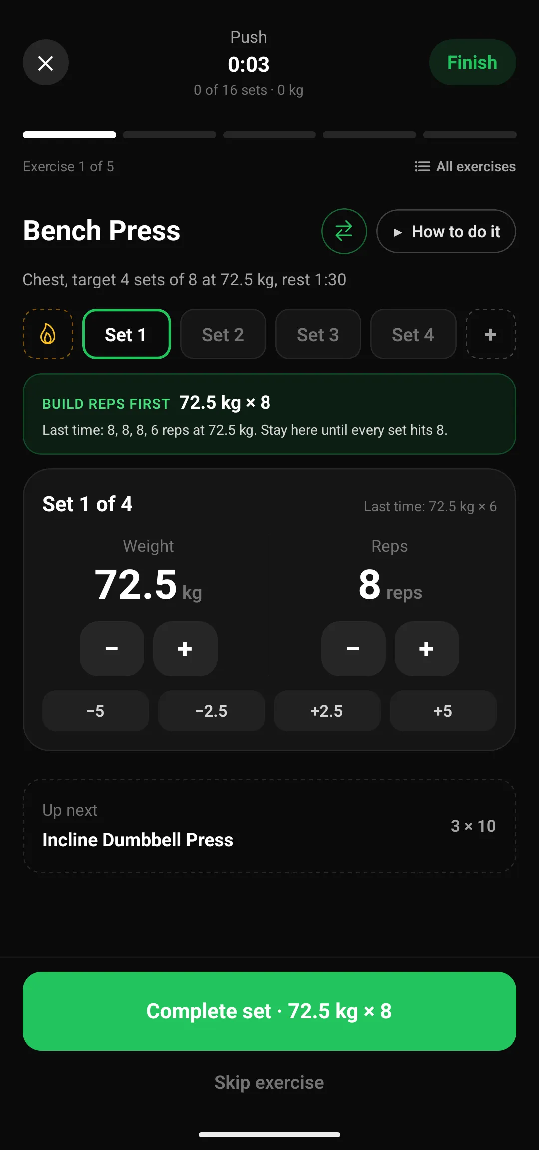 Bench press in progress with the suggestion to build reps first