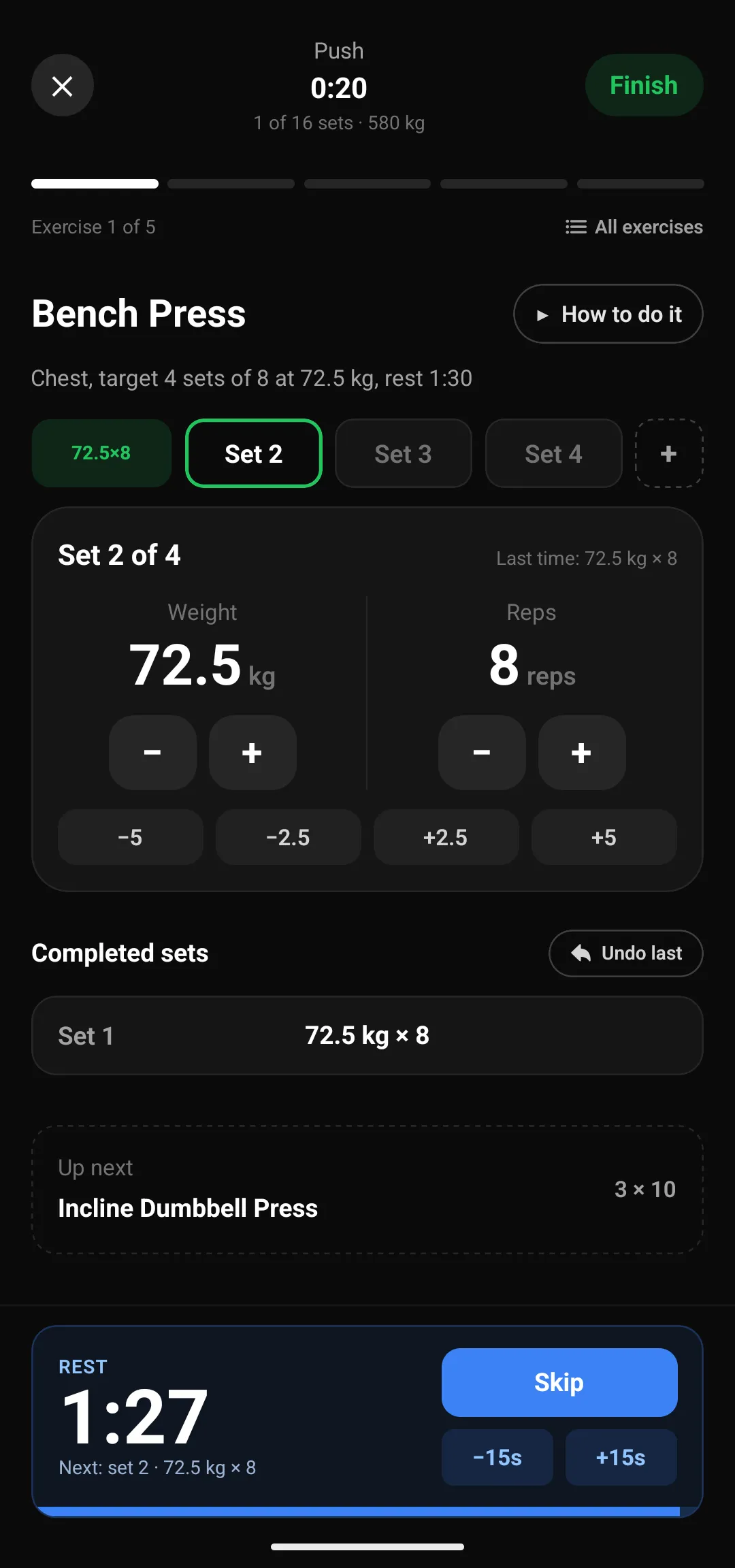 Rest timer at 1:27 with skip and 15 second buttons